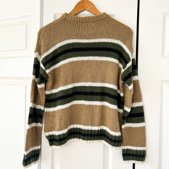 Urban Outfitters Tan Green Striped Knit Sweater Small Cozy Crewneck Pullover - Picture 4 of 5